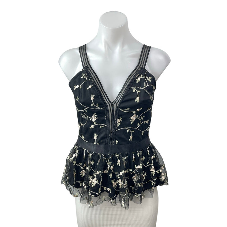Omai Women's Black Floral Embroidered Sleeveless V Neck Peplum Blouse Top Size M