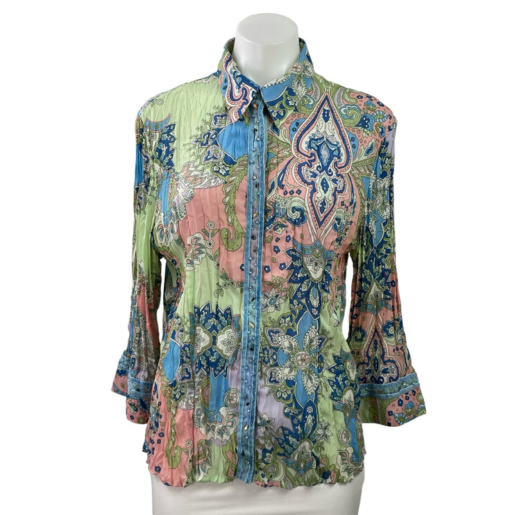 Vintage Jaipur Women's Multicolor Paisley Floral Bell Sleeve Button Up Shirt L
