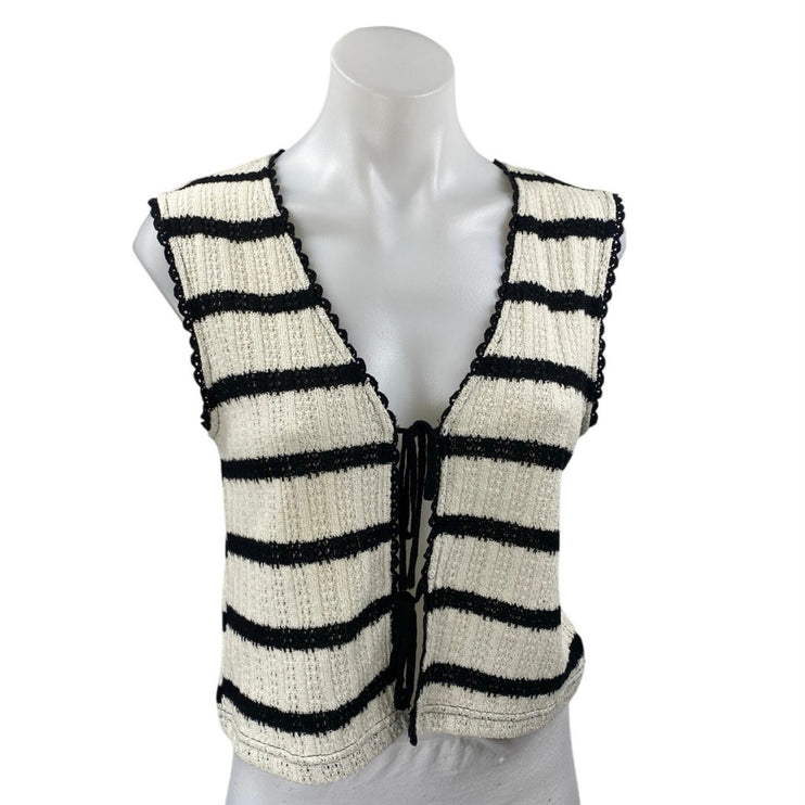 MNG Mango Women's Cream Black Striped Crochet Knit Sleeveless Crop Tank Top Sz S