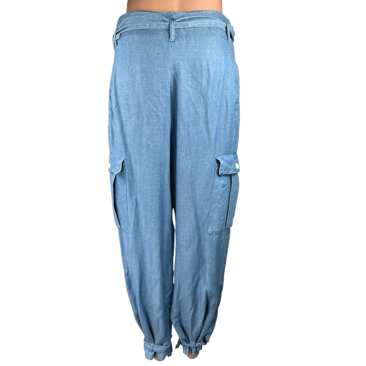 Zara Blue Linen Chambray Belted Tapered High Waist Cargo Trousers Jogger Pants M