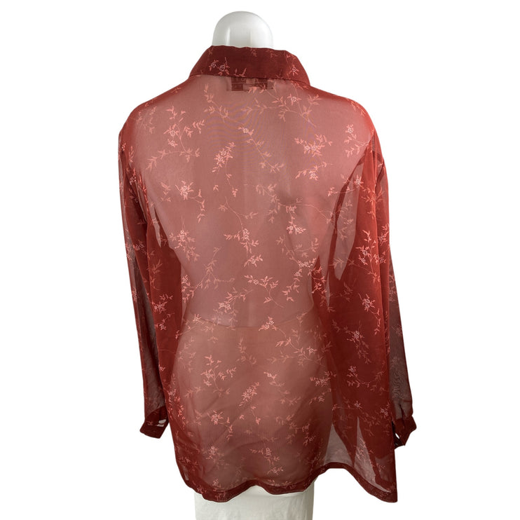 Maggie McNaughton Red Sheer Floral Collared Long Sleeve Button Down Shirt Top L