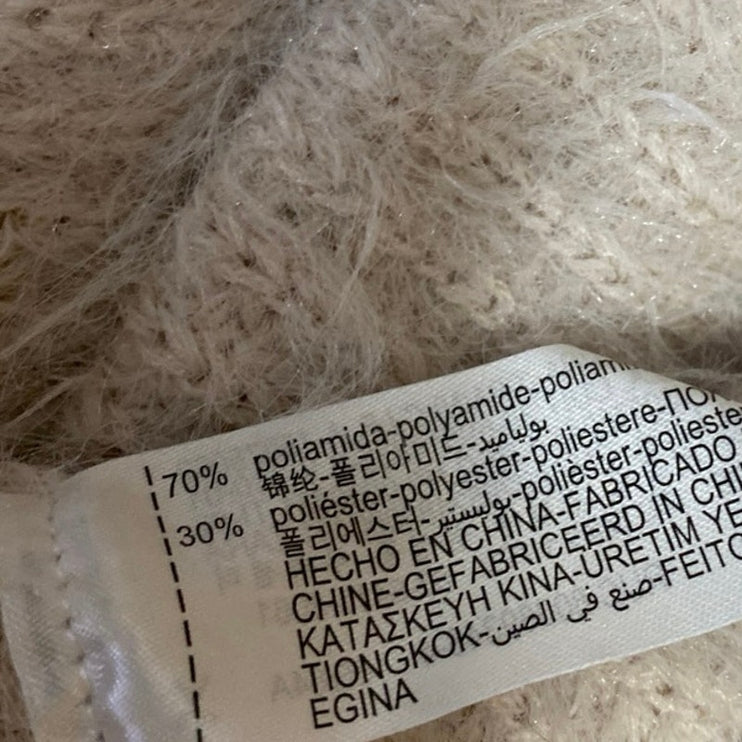 Zara Beige Short Sleeve Faux Fur V Neck Collared Polo Crop Sweater Top Size S