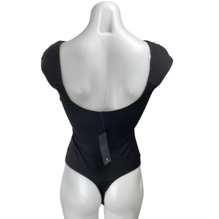 NEW Lulus Black Short Cap Sleeve Tie Ribbed Knit Sculpt Bodysuit Top Size S