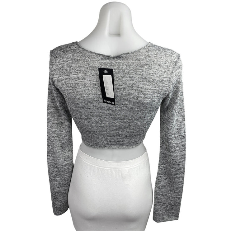 NEW Boohoo Women's Gray Exposed Seam Long Flare Sleeve Shirt Crop Sweater Top 4