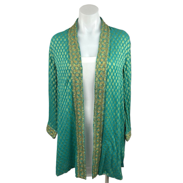 Soft Surroundings 100% Silk Teal Boho Embroidered Open Front Cardigan Jacket M