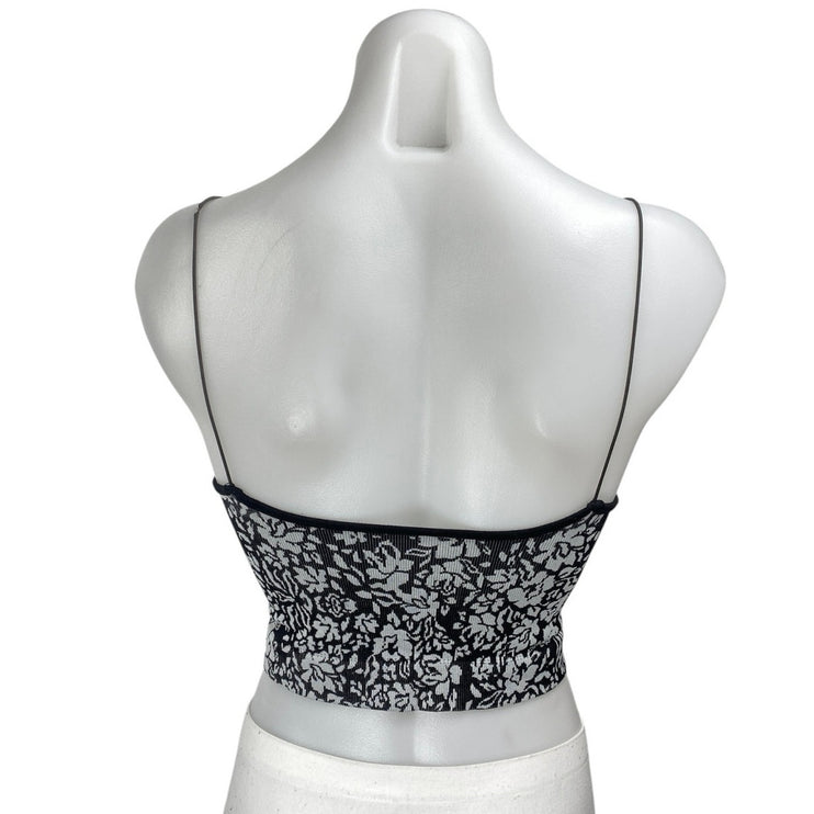 Free People Black Ribbed Knit Floral Sleeveless Cami Camisole Tank Crop Top XS/S