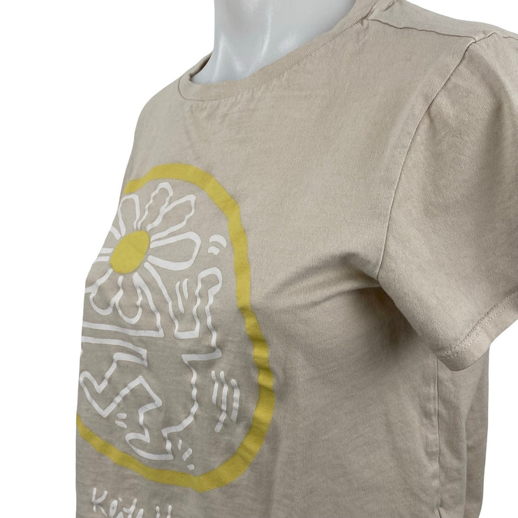 Gap Womens Beige Keith Haring Flower Artwork Short Sleeve Crop T Shirt Tee Top M