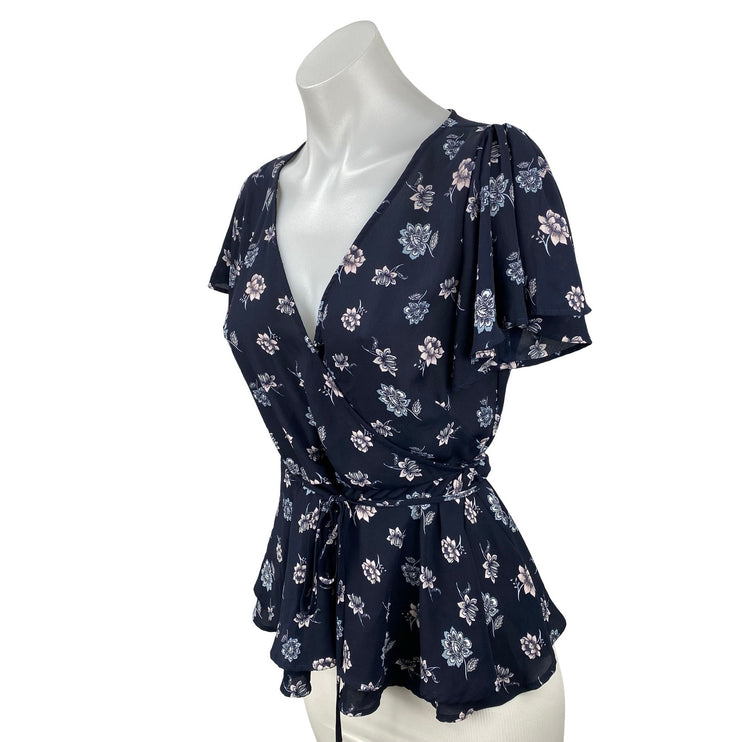 Ann Taylor LOFT Navy Blue Floral Short Flutter Sleeve Tie Wrap Peplum Blouse S