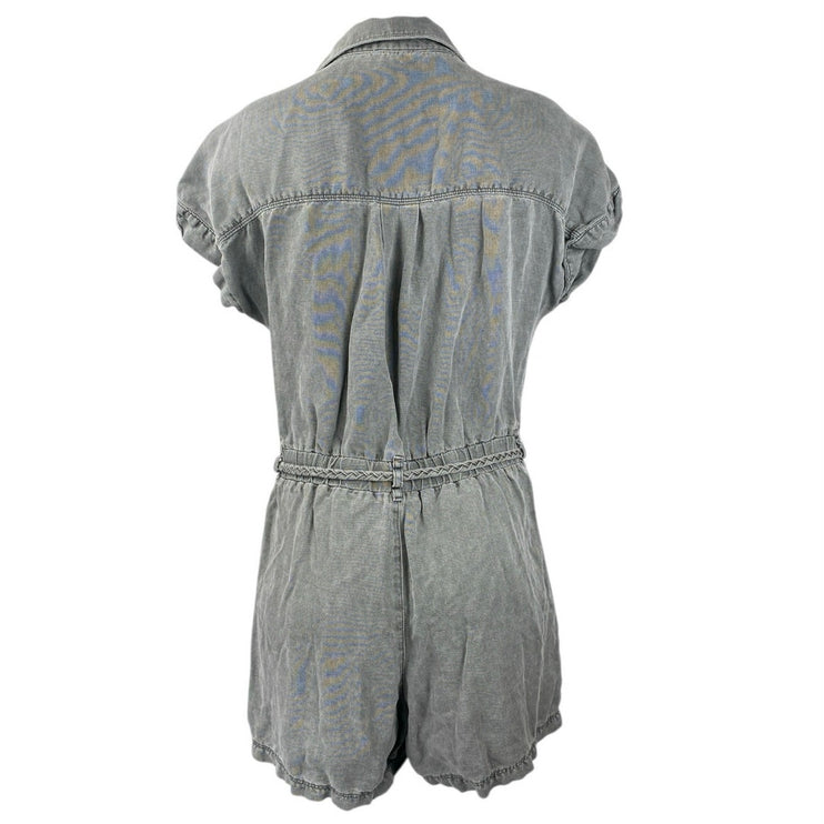 Nicole Miller Women's Gray Short Sleeve Collar Button Up Tie Jumpsuit Romper S