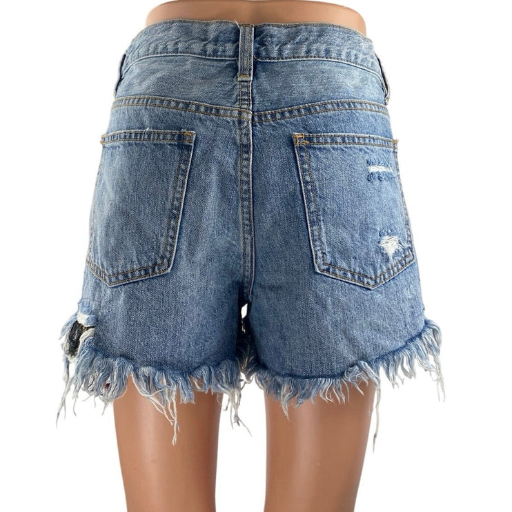 Free People We The Free Blue Distressed Cut Off High Rise Denim Jean Shorts 29