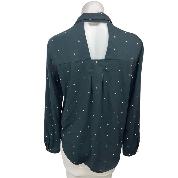 Zara Green Polka Button Down Collar Long Sleeve Cutout Back Shirt Blouse Top S