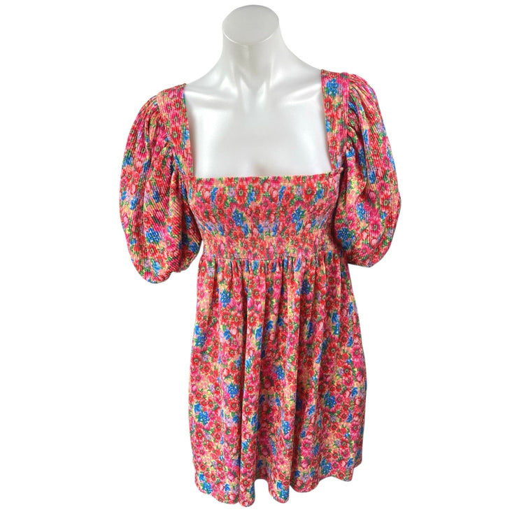 Zara Multicolor Floral Puff Sleeve Smocked Square Neck Mini Fit & Flare Dress L