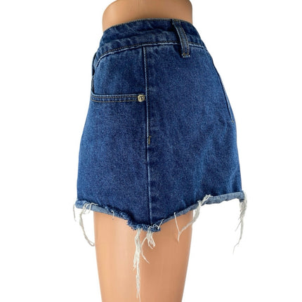 Edikted Women's Blue Frayed Raw Hem Distressed Mini Denin Jeans Skirt Skort Sz L