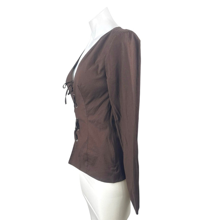 Reformation Caci Women's Brown Lace Up V Neck Long Sleeve Blouse Top Size 4