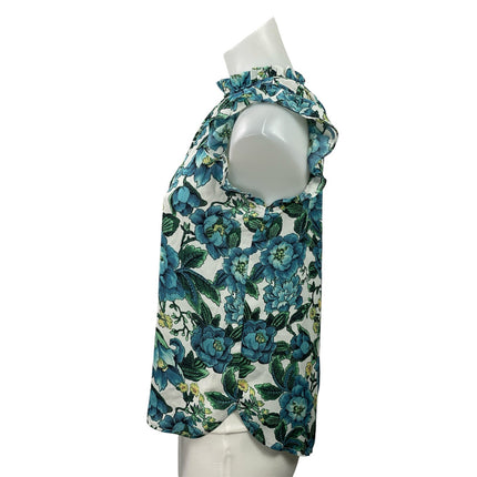 Ann Taylor LOFT Blue Floral Sleeveless Mock Neck Ruffle Tank Blouse Top Size XSP