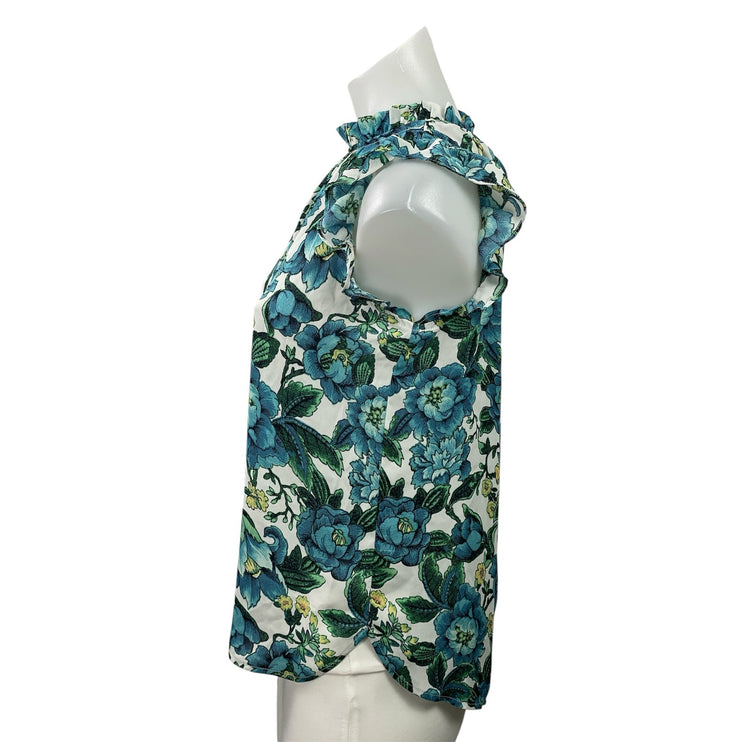 Ann Taylor LOFT Blue Floral Sleeveless Mock Neck Ruffle Tank Blouse Top Size XSP