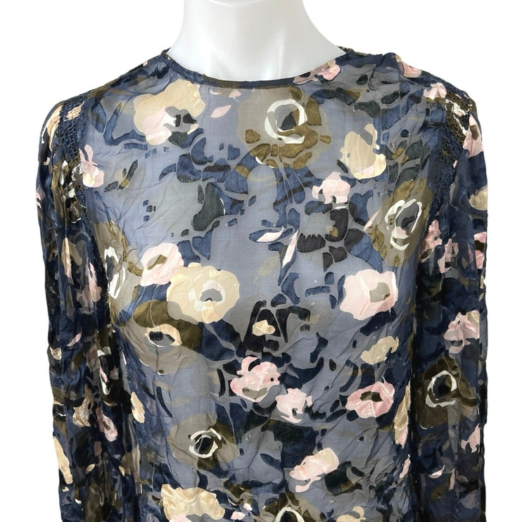 Reiss Navy Blue Silk Jennifer Floral Burnout Sheer Long Sleeve Blouse Top Size 2