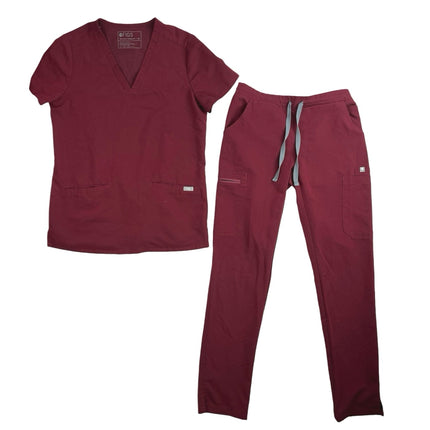 Figs Womens Red Nurse Doctor Uniform Pants Short Sleeve Top Scrub Set Size XS