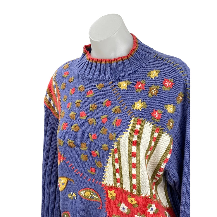 Lizwear Liz Claiborne Blue Ribbed Knit Floral Paisley Stitch Crewneck Sweater S