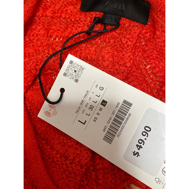 NEW Zara Red Long Bell Sleeve Crochet Knit Scoop Neck A Line Mini Dress Size L