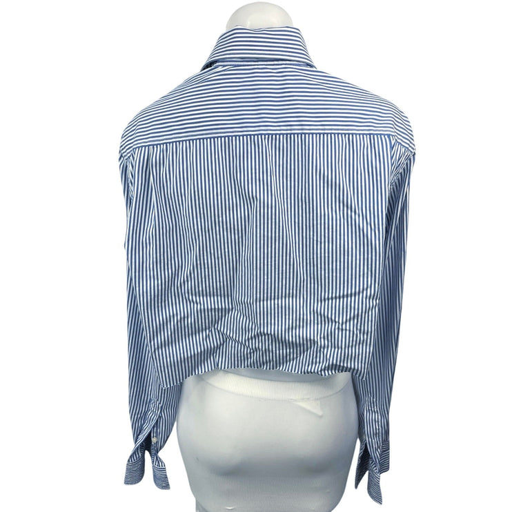 Reiss Blue White Striped Button Up Collar Long Sleeve Crop Shirt Blouse Top Sz L