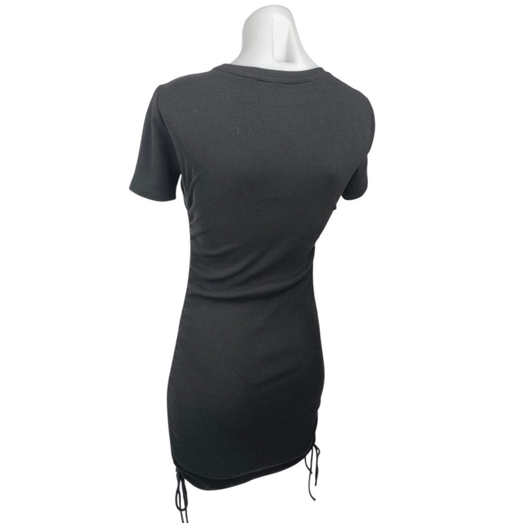Zara Black Short Sleeve Ribbed Knit Crew Neck Side Ruched Mini Bodycon Dress S