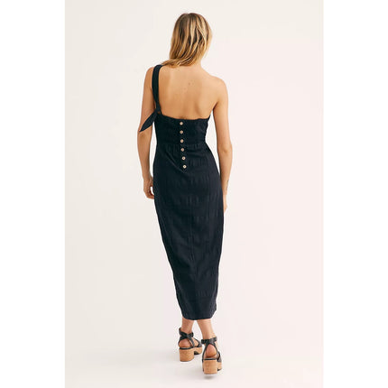Free People At Leisure Black One Shoulder Sleeveless Wrap Midi Dress Size XS