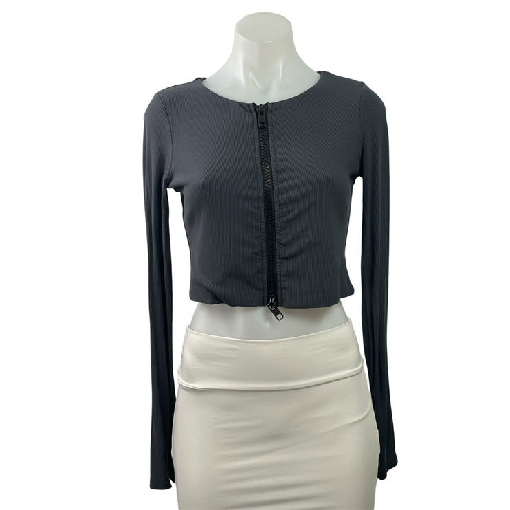 White Fox Women's Dark Gray Ribbed Knit Full Zip Long Sleeve Crop Top Size L