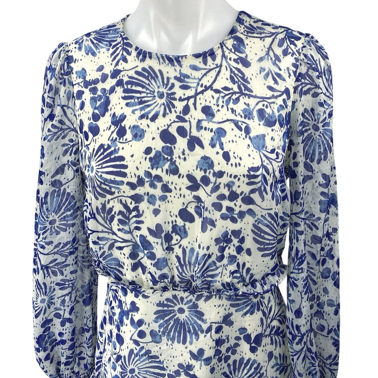 Aqua Blue White Floral Long Sleeve Ruffle Flounce Blouson Mini Dress Size S