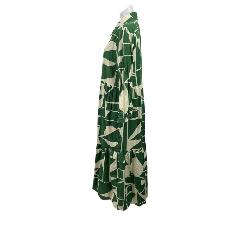 Zara Green Geometric Long Sleeve Button Down Tiered Maxi Shirt Dress Size 2XL