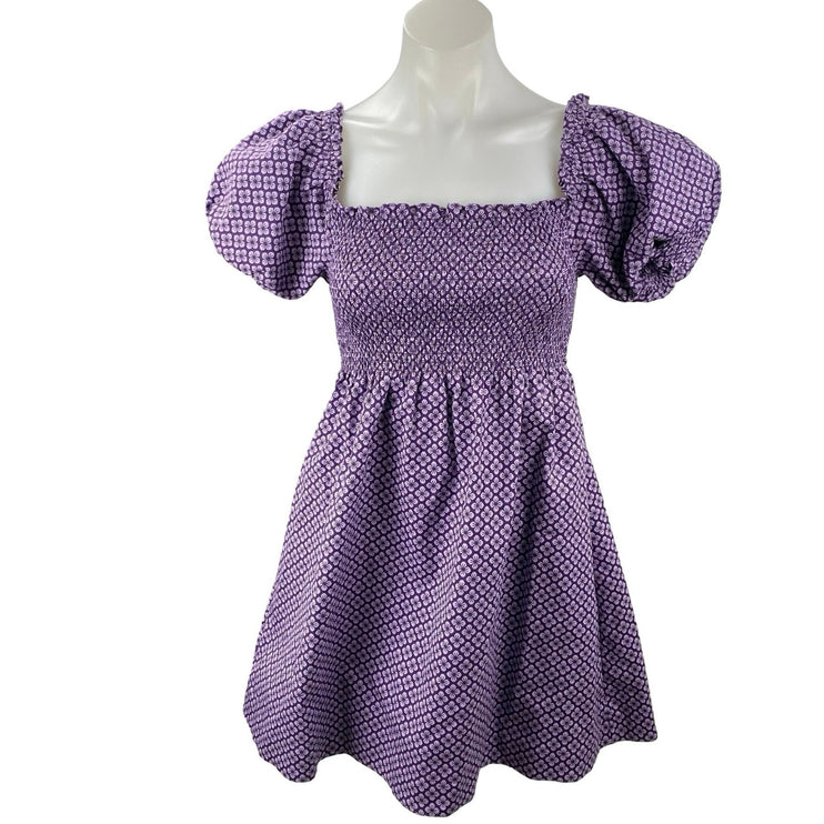 Hill House Athena Nap Purple Floral Smocked Puff Sleeve Mini A-Line Dress Sz XXS