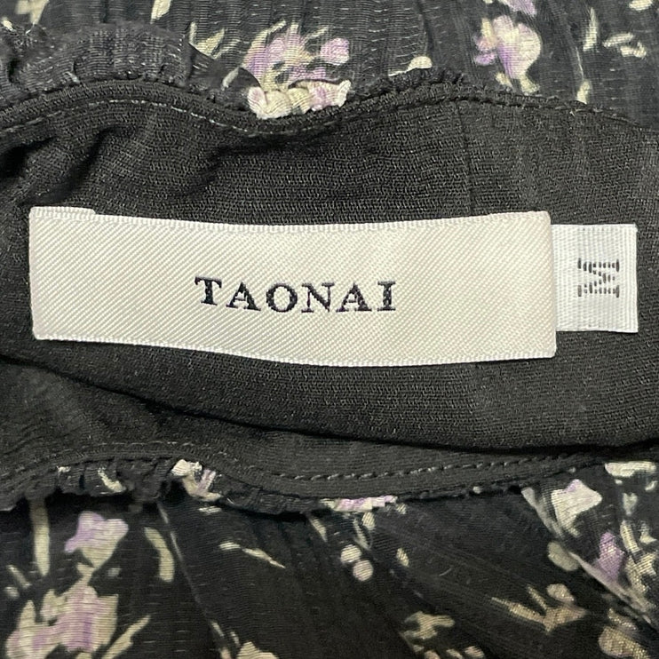 TAONAI Women's Black Short Puff Sleeves Floral Smocked Flowy A-line Midi Dress M