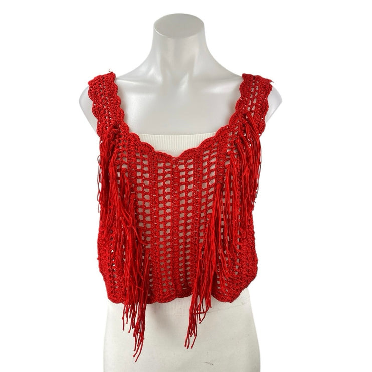 Zara Womens Red Crochet Open Knit Boho Sleeveless Fringe Cropped Tank Top Size S