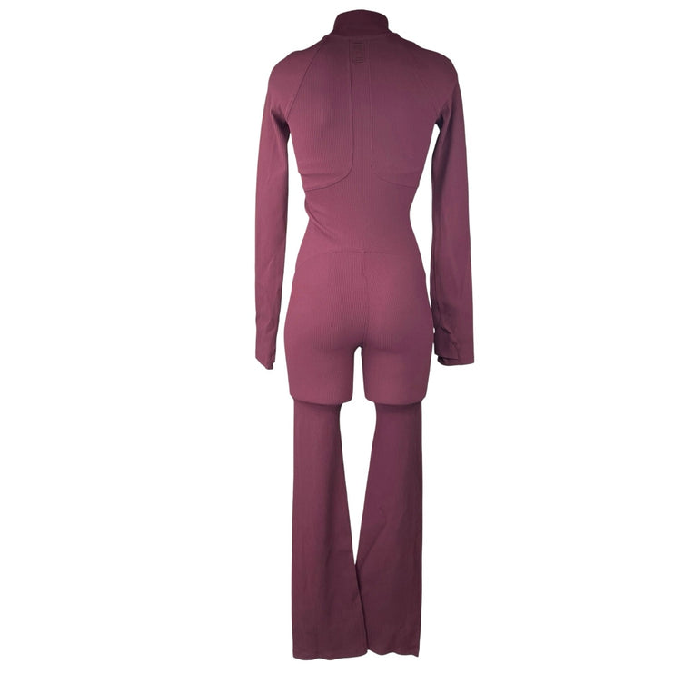 Athleta Alicia Keys Goddess Purple Rib Long Sleeve Zip Up Bodysuit Jumpsuit XXS