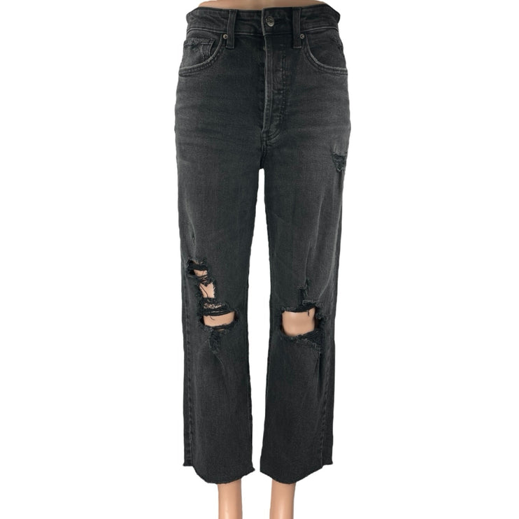 Women's Black High Rise Distressed Straight Wide Leg Crop Denim Jeans Pants Sz 2