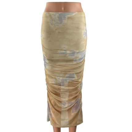 Zara Beige Khaki Tie Dye Tulle Ruched Draped Cinched Pencil Midi Skirt Size S