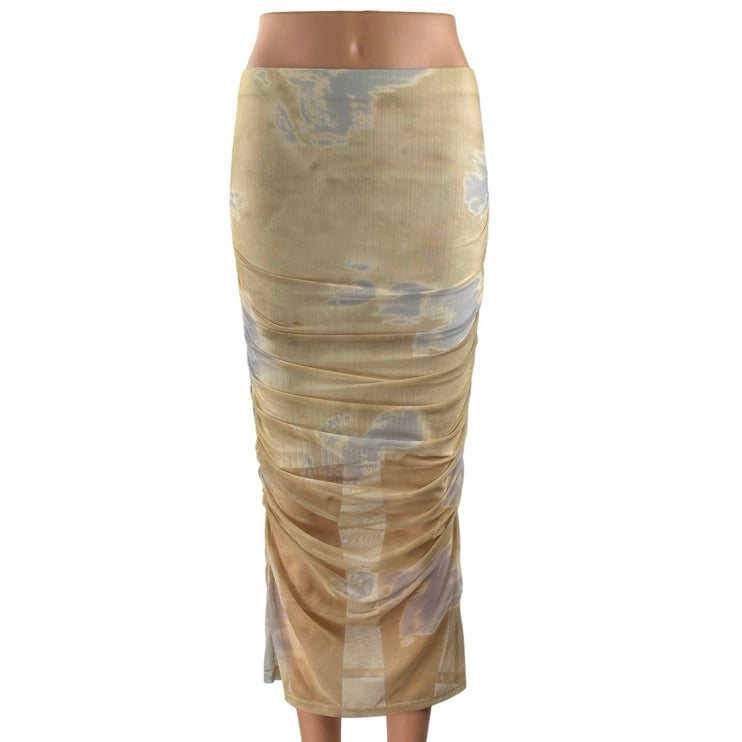 Zara Beige Khaki Tie Dye Tulle Ruched Draped Cinched Pencil Midi Skirt Size S