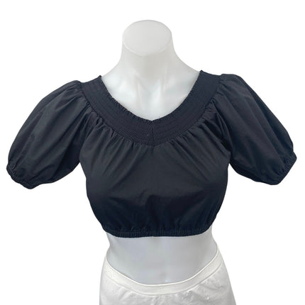 ALC Women's Black V-Neck Short Puff Sleeve Elastic Hem Cropped Blouse Top Size 0