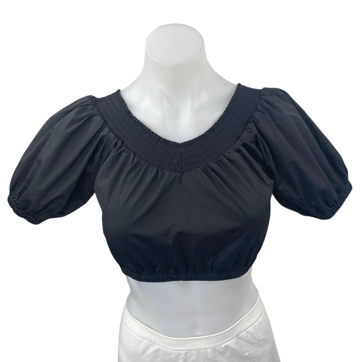 ALC Women's Black V-Neck Short Puff Sleeve Elastic Hem Cropped Blouse Top Size 0