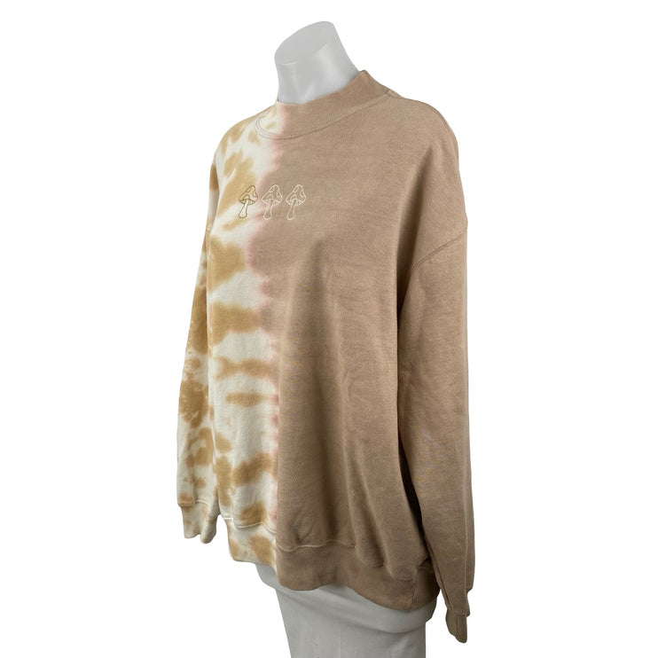 Neon Riot Women Beige Fleece Tie Dye Mock Neck Long Sleeve Sweatshirt Top Size L