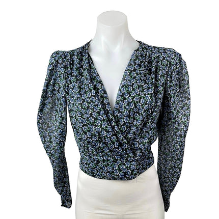 Zara Women's Blue Floral Long Puff Sleeve V Neck Faux Wrap Cropped Blouse Top XS
