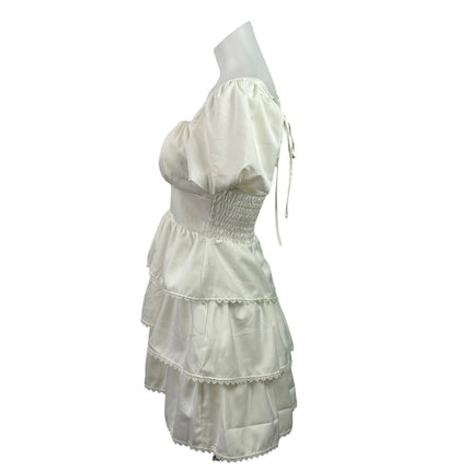 Lan White Ivory Short Puff Sleeve Tiered Lace Ruffle Smocked Romper Shorts S