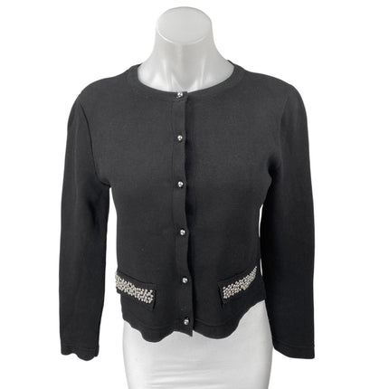 H&M Womens Black Beaded Pearl Buttons Long Sleeve Cardigan Sweater Top Size XS