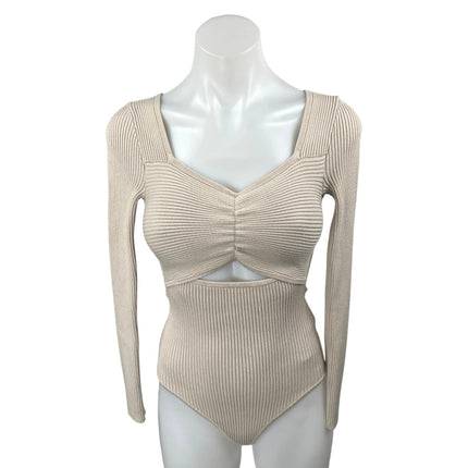 Abercrombie & Fitch Beige Ribbed Knit Long Sleeve Cutout Bodysuit Top Size XS