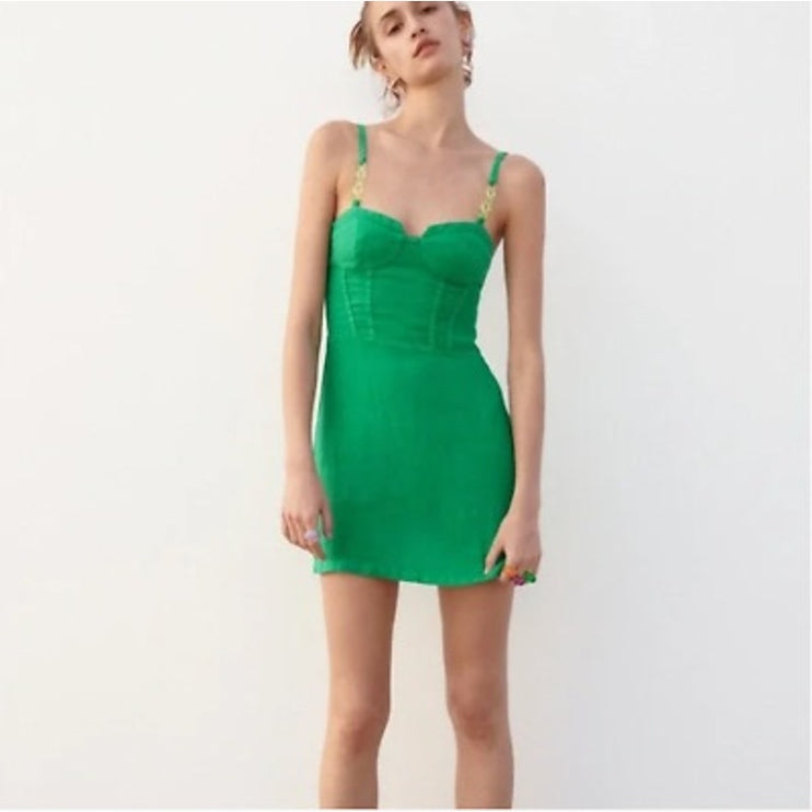 Zara Green Chain Strap Sweetheart Neck Sleeveless Mini Corset Pencil Dress Sz XS