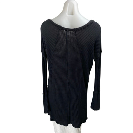 Free People Black Long Sleeve Waffle Knit Thermal Scoop Neck Sweater Top Size M