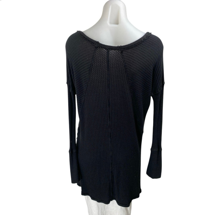 Free People Black Long Sleeve Waffle Knit Thermal Scoop Neck Sweater Top Size M