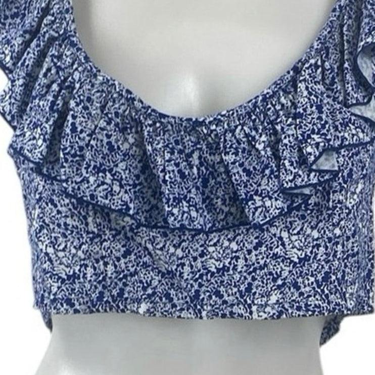NEW Valija Blue Ruffle Scoop Neck Backless Smocked Printed Boho Crop Top Size L