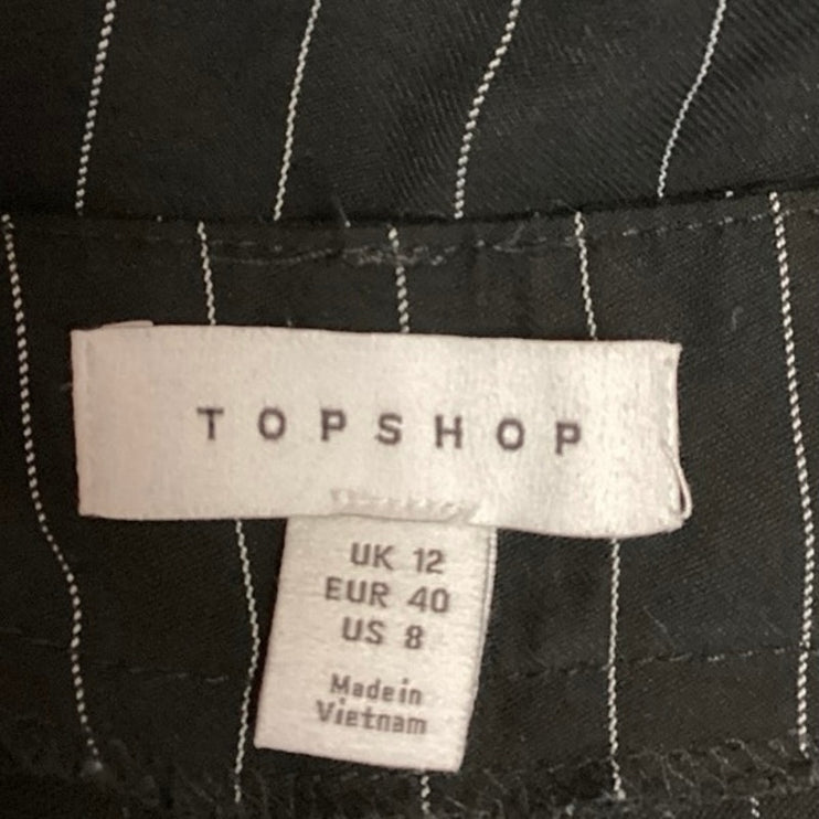 Topshop Black Pinstripe Wide Leg High Waist Split Hem Trousers Dress Pants Sz 8