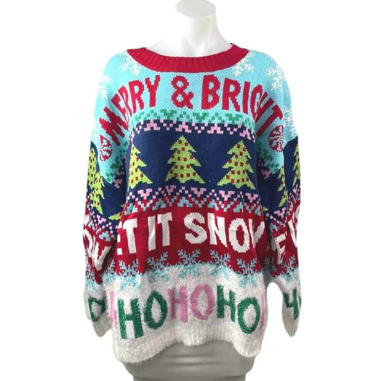 NEW 33 Degrees Merry & Bright Multicolor Oversized Holiday Sweater Top Size L